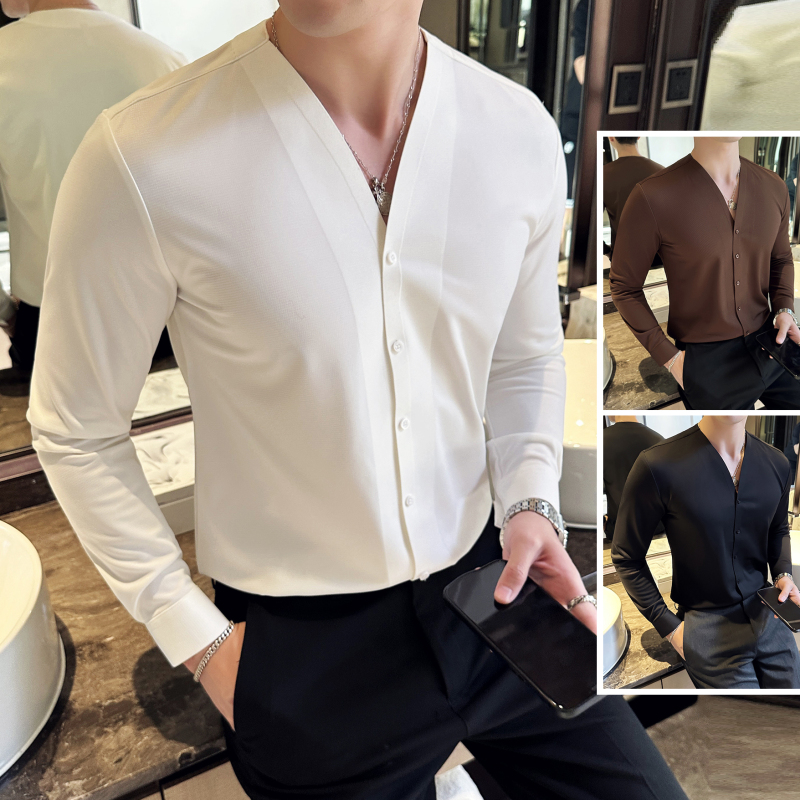 V-Neck Shirt Men's Long-Sleeved Summer Thin Style Slim Fit Handsome and High-End 2026 New Men's Casual Collarless Shirt