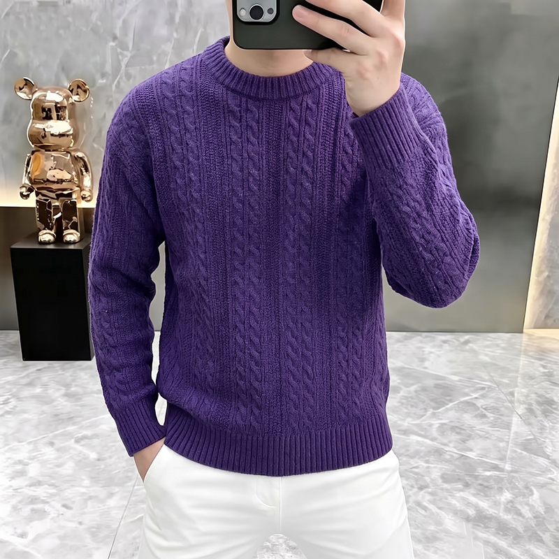 Korean-Style Casual Twist-Knit Sweater for Men, Round-Neck Purple Versatile Warm Base Sweater for Autumn and Winter Korean-Style Casual Twist-Knit Sweater for Men, Round-Neck Purple Versatile Warm Base Sweater for Autumn and Winter