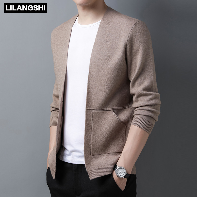 Li Lang Lion men's knit shirt loose solid color cardigan spring and autumn dad men's casual plus size sweater jacket men