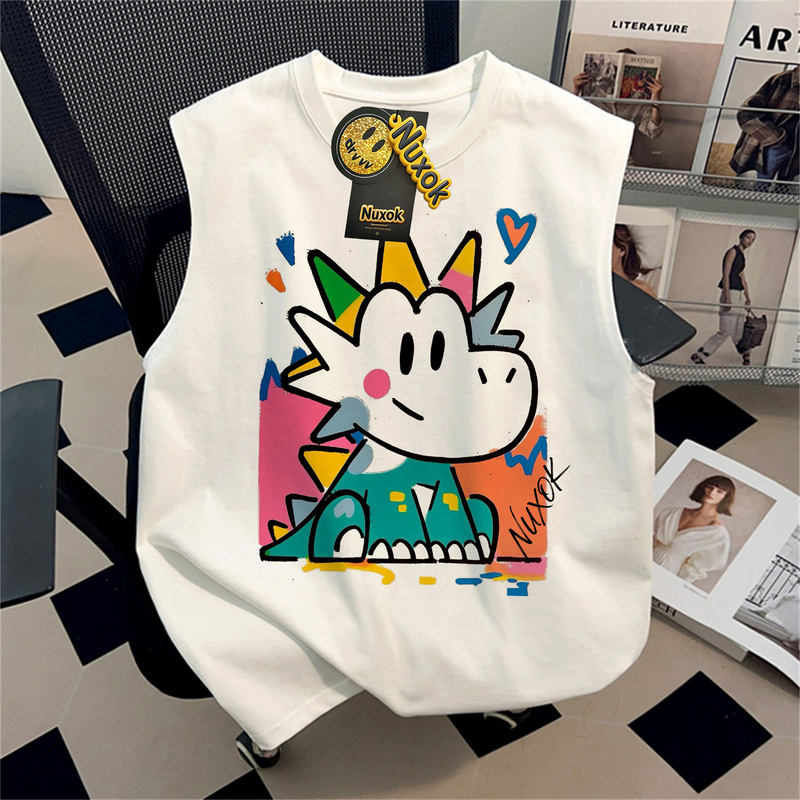 American-Style Trendy Cartoon Graffiti Heart Dinosaur Print Vest for Men and Women, Summer Loose-Fitting Pure Cotton Outerwear T-Shirt Top