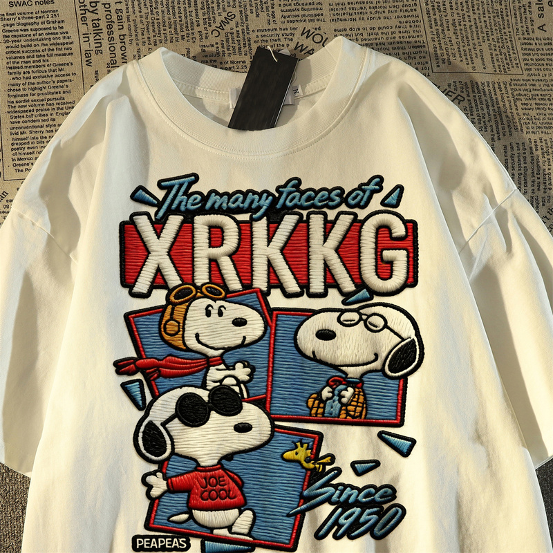 Imitation Embroidery Snoopy Cartoon Print Pure Cotton Short-Sleeve T-Shirt for Men and Women 2026 American Style Loose Fit Student Versatile Top