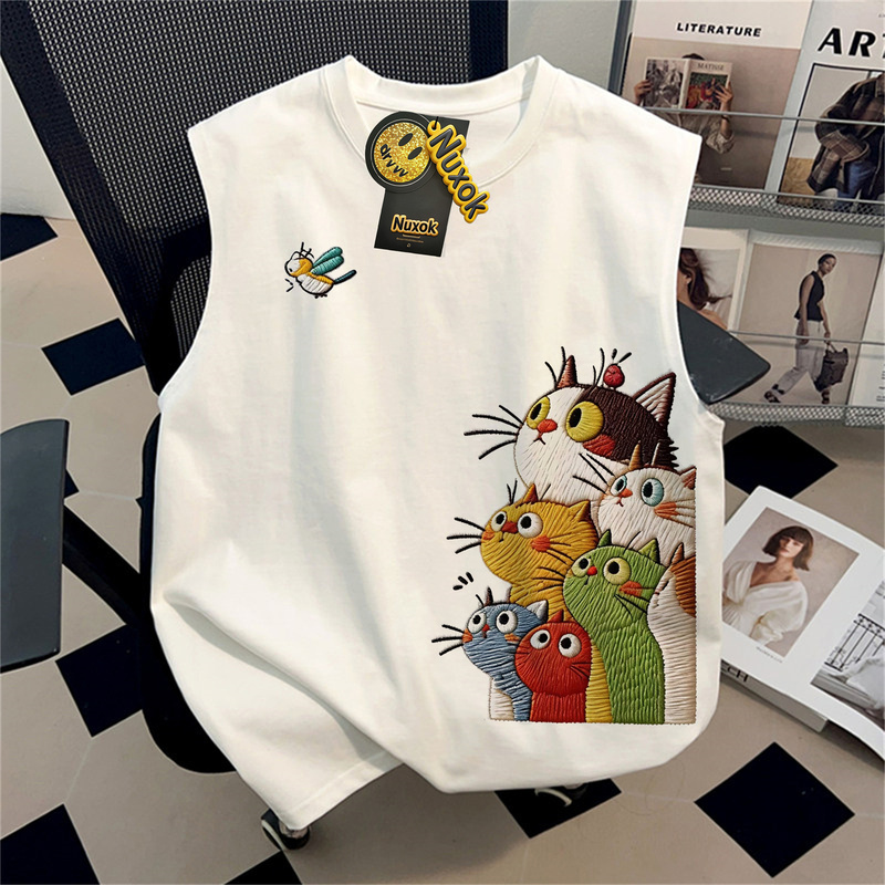 American-Style Embroidered Cartoon Cat Print Tank Top Unisex T-Shirt Summer Loose Versatile Sleeveless Student Top