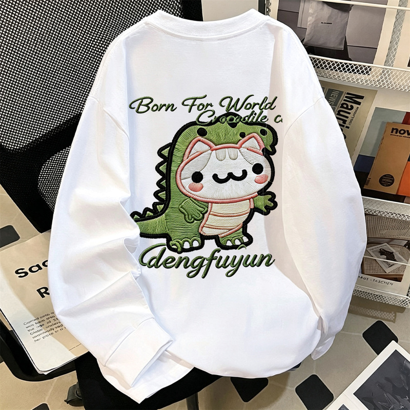 Heavy Weight Cotton American Retro Cute Crocodile Kitten Print Long-Sleeved T-Shirt for Men and Women 2026 New Loose Top