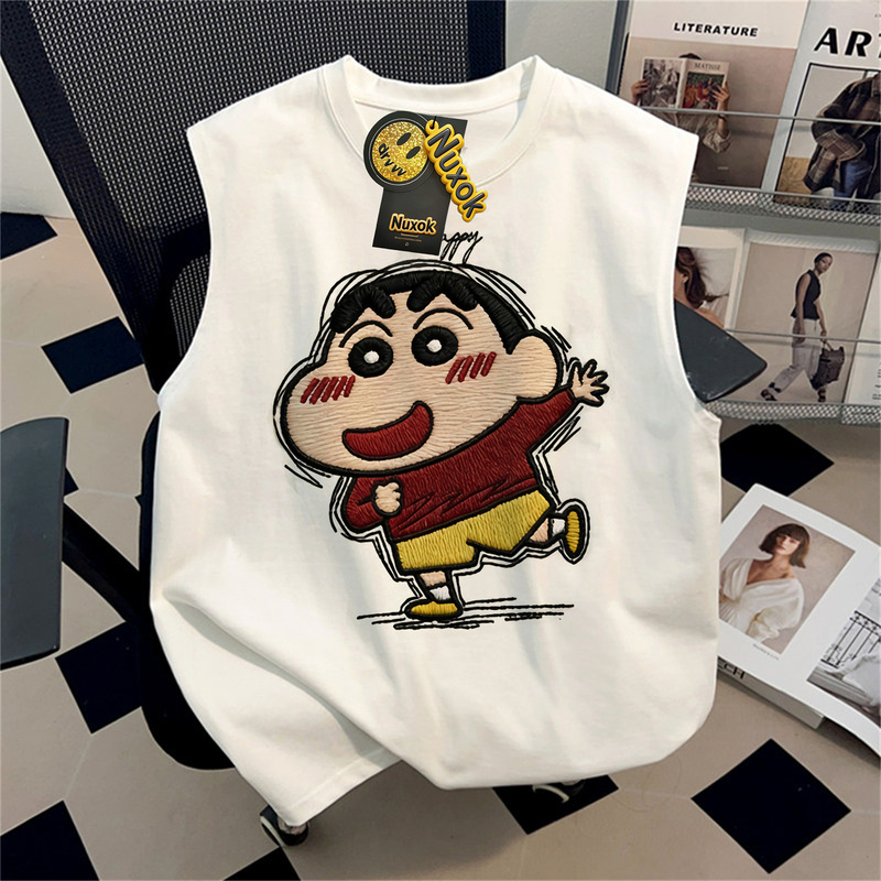 Imitation Embroidery Crayon Shin-Chan Print Pure Cotton Vest Unisex Loose Pullover Sleeveless Top Couple Summer T-Shirt Top Imitation Embroidery Crayon Shin-Chan Print Pure Cotton Vest Unisex Loose Pullover Sleeveless Top Couple Summer T-Shirt Top