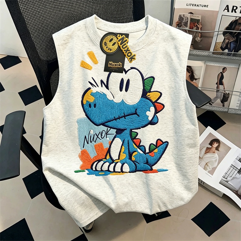 Nuxok Cartoon Dinosaur Print Vest for Men and Women 2026 Summer Pure Cotton Loose Outerwear Sleeveless T-Shirt Top