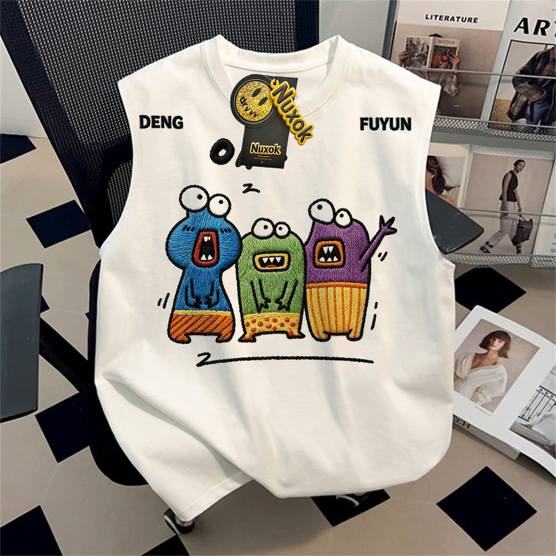 Nuxok Pure Cotton Cartoon Imitation Embroidery Printed Cartoon Funny Vest for Men and Women Summer Loose Sleeveless Top Outerwear T-Shirt Nuxok Pure Cotton Cartoon Imitation Embroidery Printed Cartoon Funny Vest for Men and Women Summer Loose Sleeveless Top Outerwear T-Shirt
