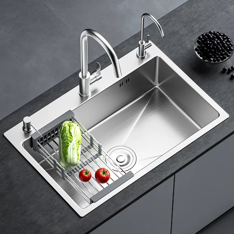 Stainless Steel Kitchen Sink, Large Single Bowl, Thickened Vegetable Washing Basin, Household Sink, Dishwashing Sink, Under-Counter Basin, Above-Counter Basin, Water Basin