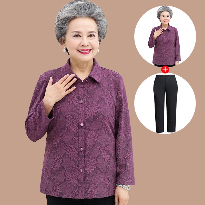 เสื้อผ้าฤดูใบไม้ผลิสำหรับสตรีวัยกลางคนและผู้สูงอายุ เสื้อเชิ้ตแขนยาวฤดูใบไม้ผลิและฤดูใบไม้ร่วงสำหรับคุณยายวัย 60 ปี แจ็กเก็ตสำหรับคุณแม่ เสื้อตัวบนสำหรับสุภาพสตรีวัย 70–80 ปี