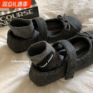 冬日的单鞋～miu系甜心~蝴蝶结平底玛丽珍加绒毛毛鞋单鞋女芭蕾鞋