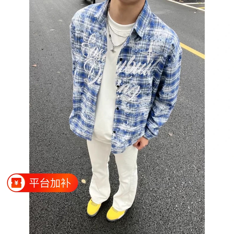 American-Style Tie-Dye Letter Embroidery Plaid Shirt, Autumn Men's Plaid Long-Sleeve Shirt, Cardigan, Sun Protection Jacket, Top American-Style Tie-Dye Letter Embroidery Plaid Shirt, Autumn Men's Plaid Long-Sleeve Shirt, Cardigan, Sun Protection Jacket, Top