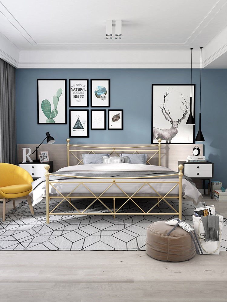 Simple modern Wrought iron bed Double iron frame bed 1 8 meters 1 5 meters Light luxury European princess bed Creative lifting iron bed frame