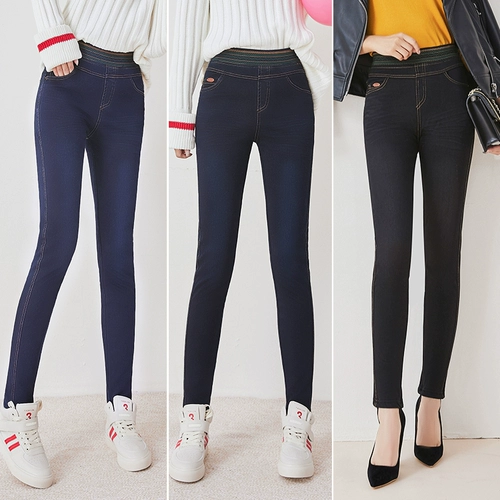 Флисовые джинсы с начесом, зимние приталенные эластичные штаны, высокая талия, увеличенная толщина