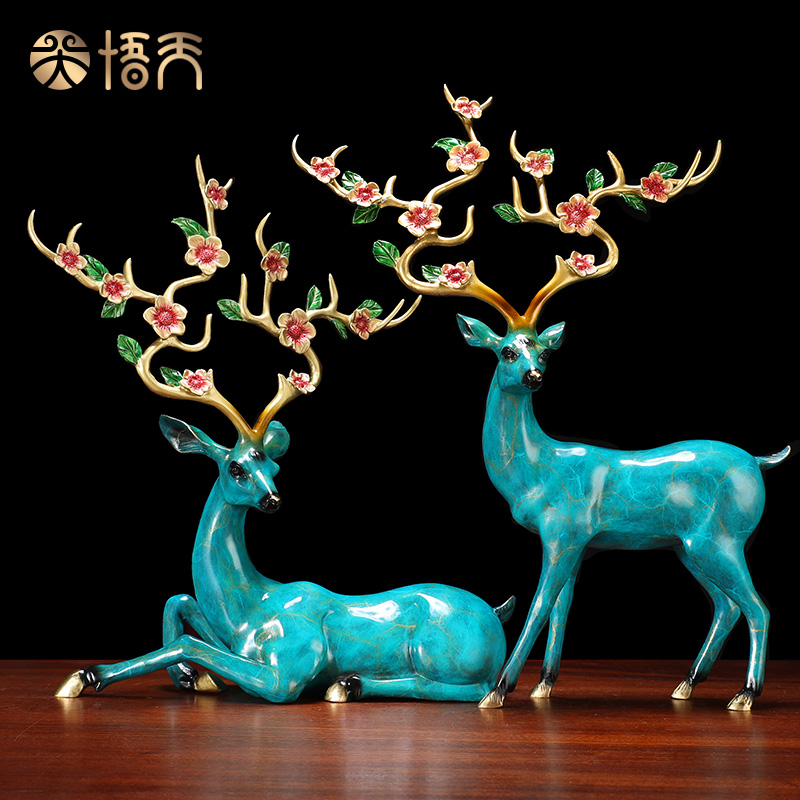 Copper deer ornaments all copper pair of new Chinese home decorations lucky sika deer ornaments housewarming new home gifts