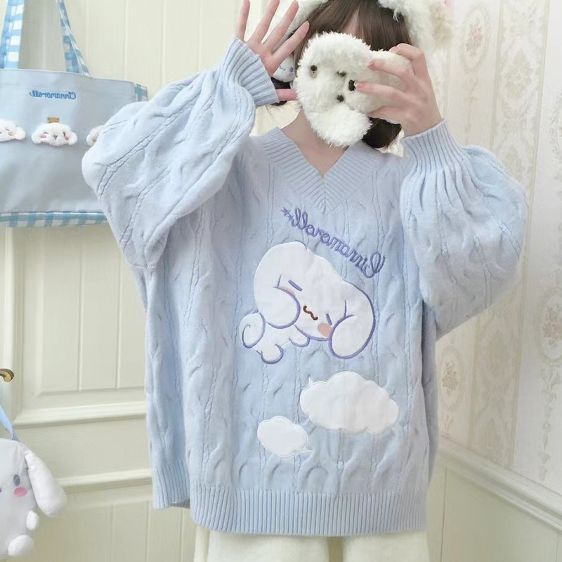 Sanrio Cinnamoroll Collaboration Soft and Cuddly Knit Sweater for Women, Cute and Petite, Winter Inner Layer Top