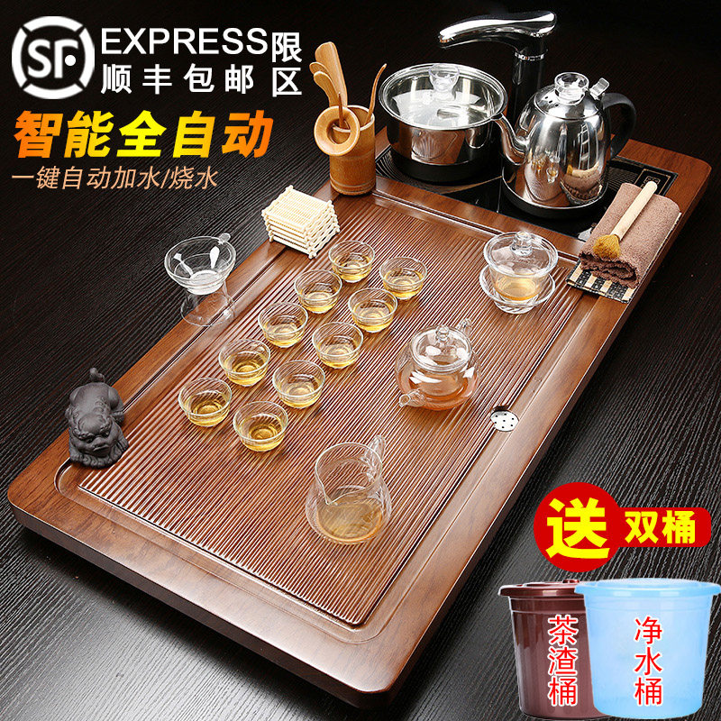 Fully automatic integrated tea tray tea sea whole set glass tea set suit home tea table drain imitation electric wood power tea road-Taobao