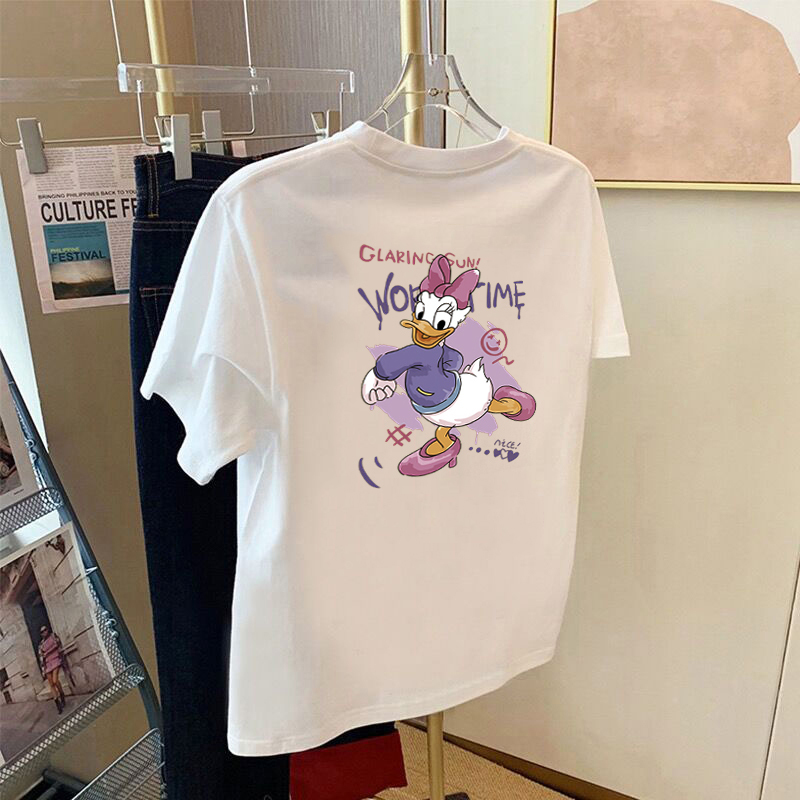 European Style White Pure Cotton Fashionable Loose Fit Regular Shoulder Short-Sleeve T-Shirt for Women 2026 Summer New Cartoon Print Round Neck Top