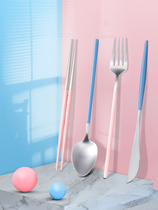 Korean knife and fork spoon chopsticks 4-piece European 304 stainless steel three-piece set long handle Western steak knife and fork 2-piece set