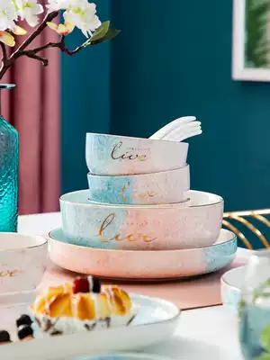 Nordic colorful color ceramic rice bowl tableware Simple style household large soup bowl dishes plate gradient personality plate
