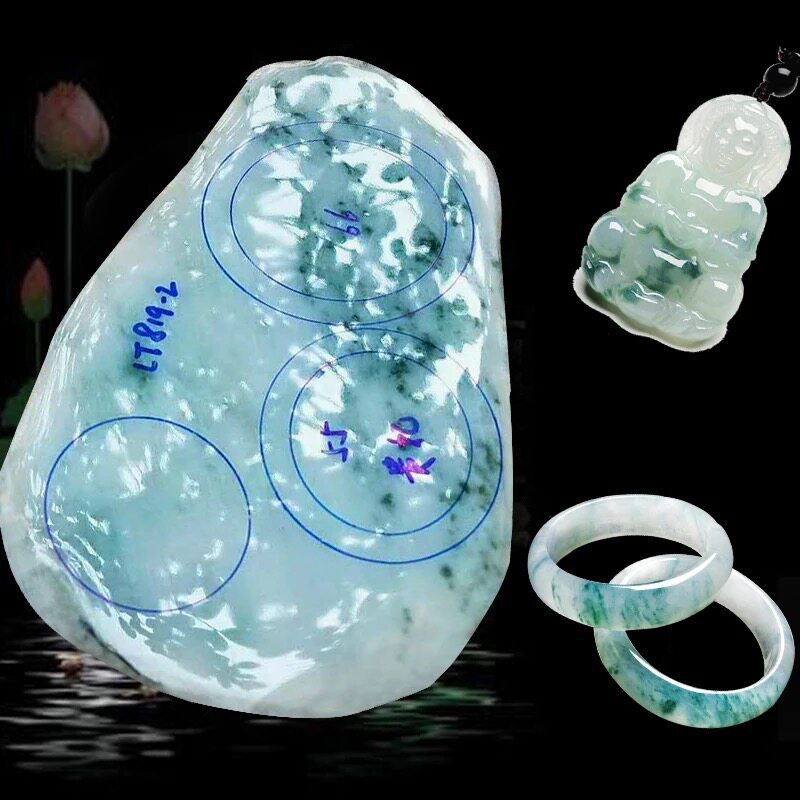 Burmese jadeite rough stone bracelet semi-clear material old pit ice jade jade green floating flower jade pendant
