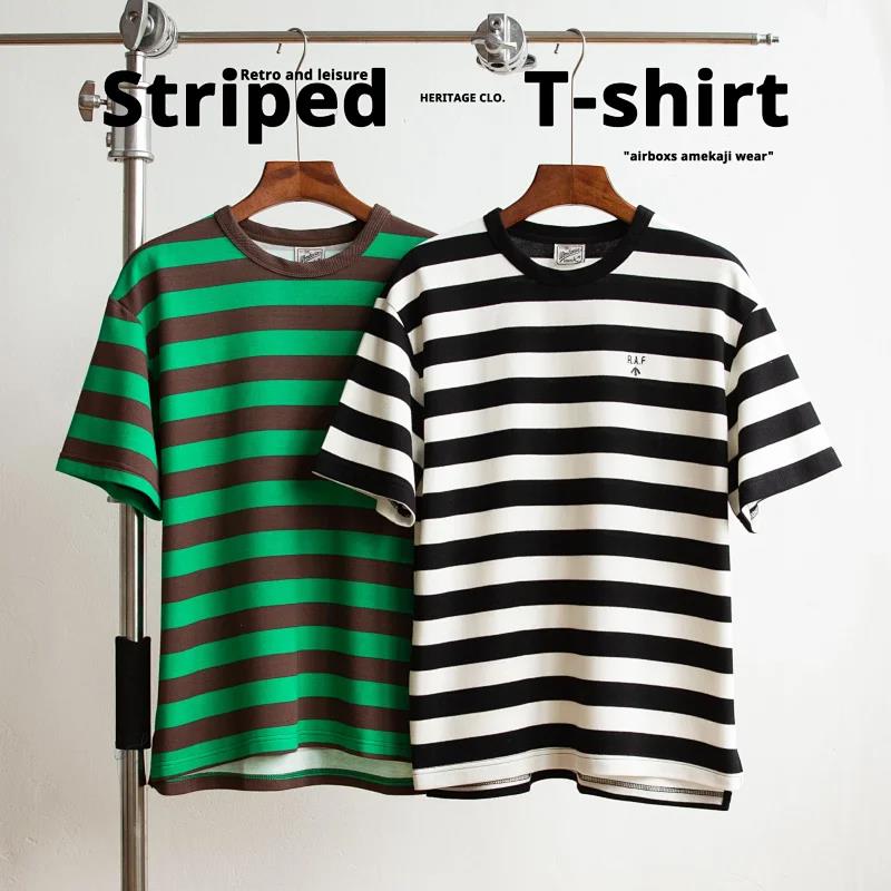 Classic Sea Soul Style Summer Japanese Antique Thick Stripe Men's Fashion Casual Crew Neck Short Sleeve T-Shirt 13975