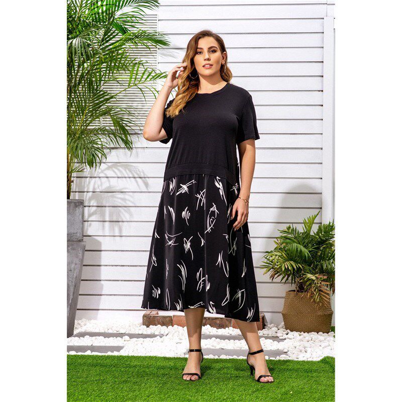 L-5XL summer women dresses plus size fat ladies printing skirt