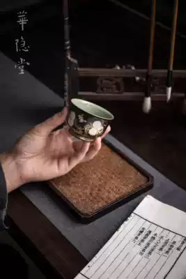 Jingdezhen Huayintang Tea Set Ruyi Cup Black crystal glaze Celadon hand-painted golden longevity peach (Fushou Cup)