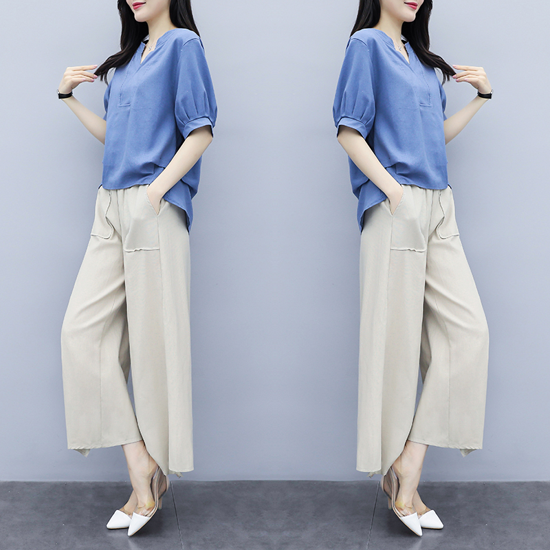 Cotton and linen suit women's 2022 spring and summer new large size fat mm loose and thin foreign style broad wife linen two-piece suit