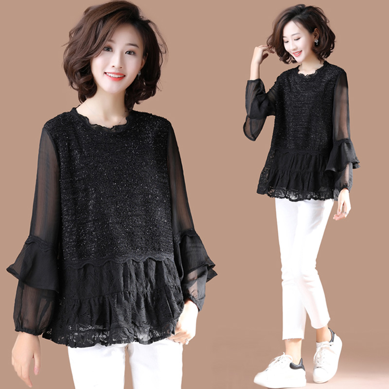 Large size women's dress 2022 spring and autumn chubby sister mm lace snowspun long sleeve blouse for women's belly shirt foreign pie
