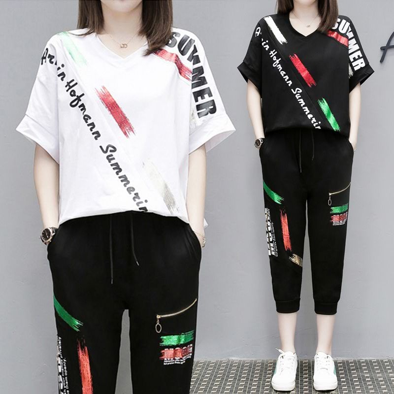 Plus-size women's clothing 2023 summer new fat mm casual loose sports suit female cover belly slimming two-piece trendy