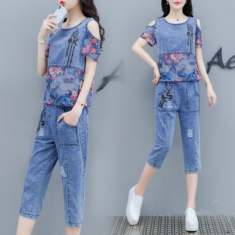 Large size 2022 summer cowboy with a pie suit female snowspin splice jeans and two sets of short sleeves seven pants