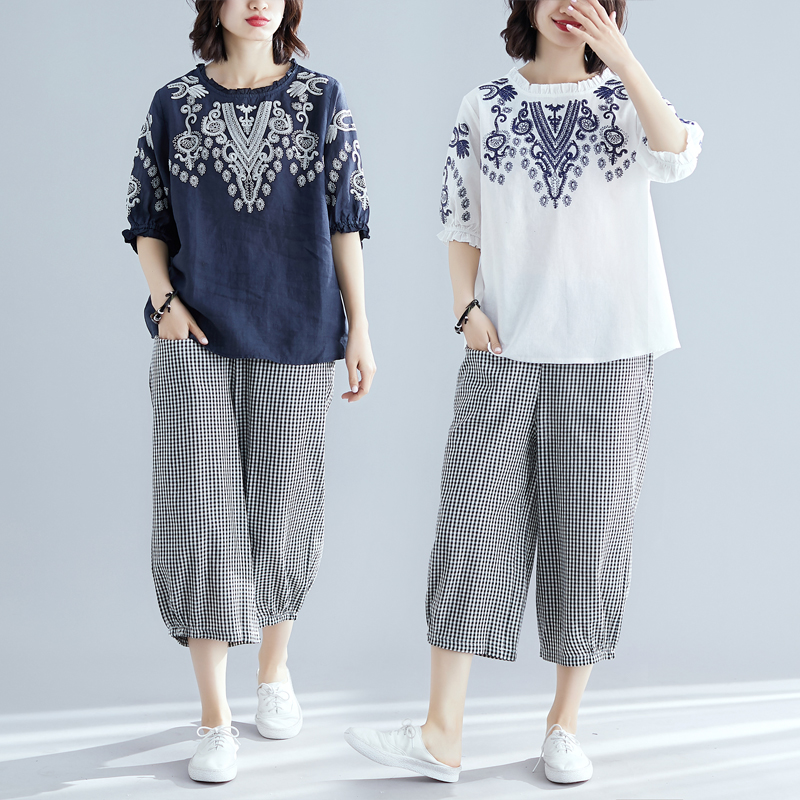 2022 summer new large size fat mm cotton and linen suit women's loose casual embroidery top wide-leg pants linen two-piece set