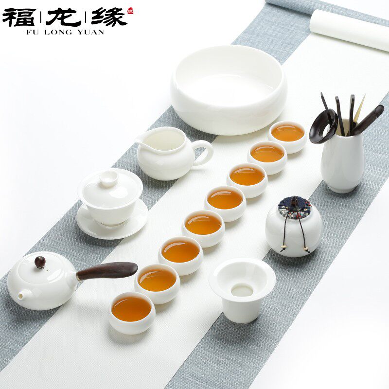 High-end Handmade White Jade Porcelain Kongfu Tea Furniture Set White Porcelain Whole Set Teapot Tea Cup Lid Bowl ceramic Home Office