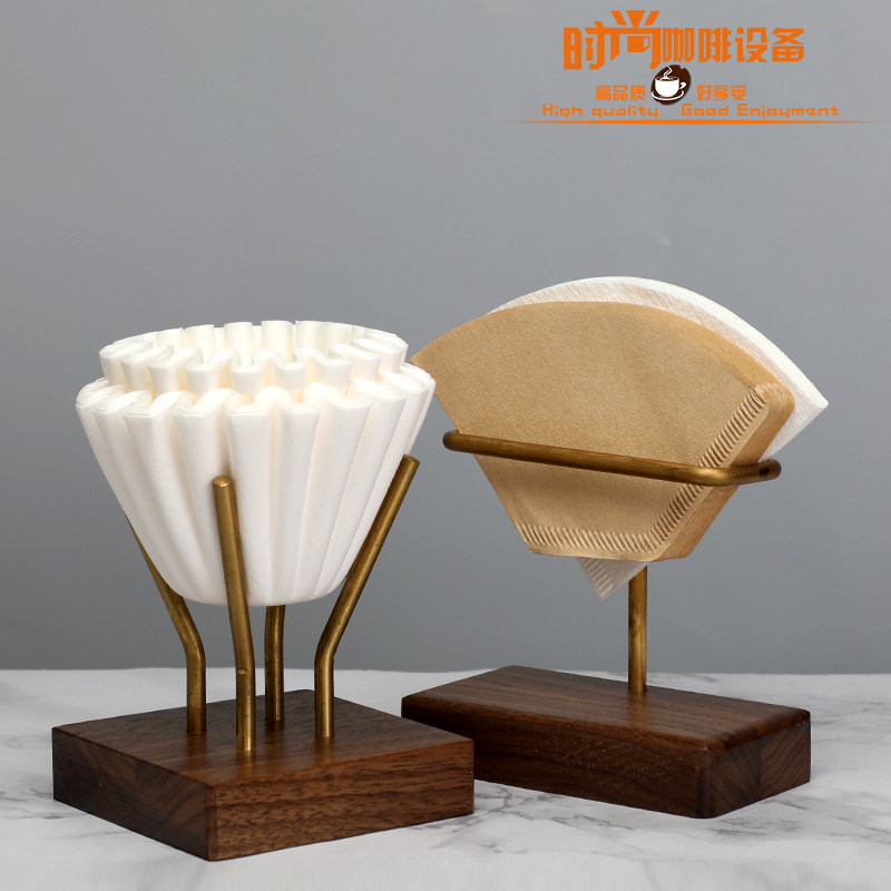 Hand-brewed coffee filter rack handmade solid wood rack black walnut base brass bracket fan-shaped V60 filter paper universal