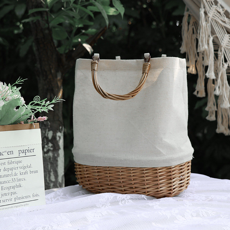 Casual Canvas Straw Woven Bag Korea Ins Little Fresher Pure Color Hand Rattan Chic Bag Fashion Handwoven Splicing Bag