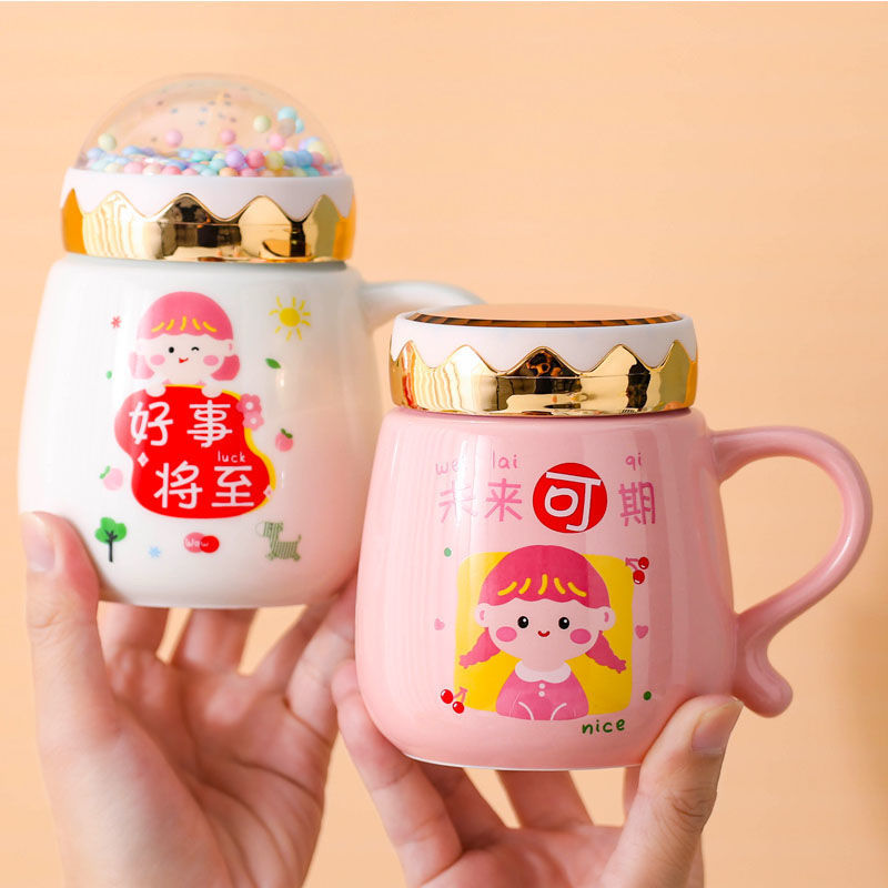 High face value Mark cup with lid spoon ceramic mug woman cute girl lovers breakfast drink water for home personality coffee