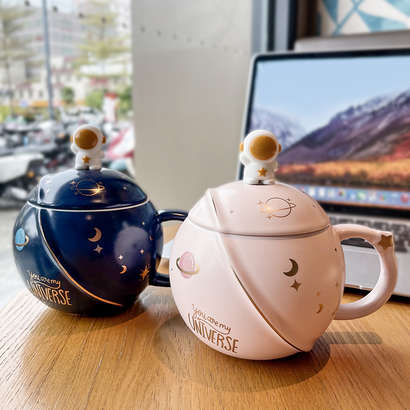Mug drinking water home male ins style high value with lid spoon breakfast coffee cup ceramic cup female cute