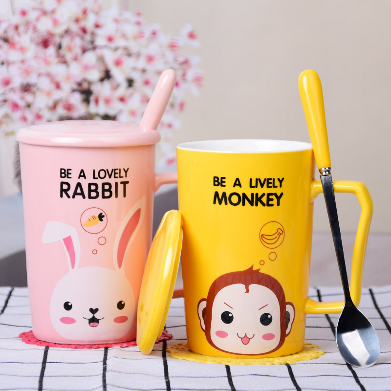 Cup ceramic schoolgirl cute Korean version simple mug with lid spoon creative personality trend breakfast milk cup