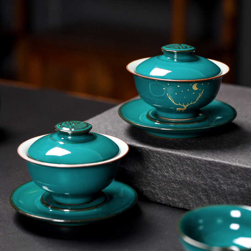 Emerald Green Triple cover Bowl Single Ceramic Tea Tea Bowl Cup Cup Big Number Utilita Tea Furniture Set Group Home Tea Bowl with lid