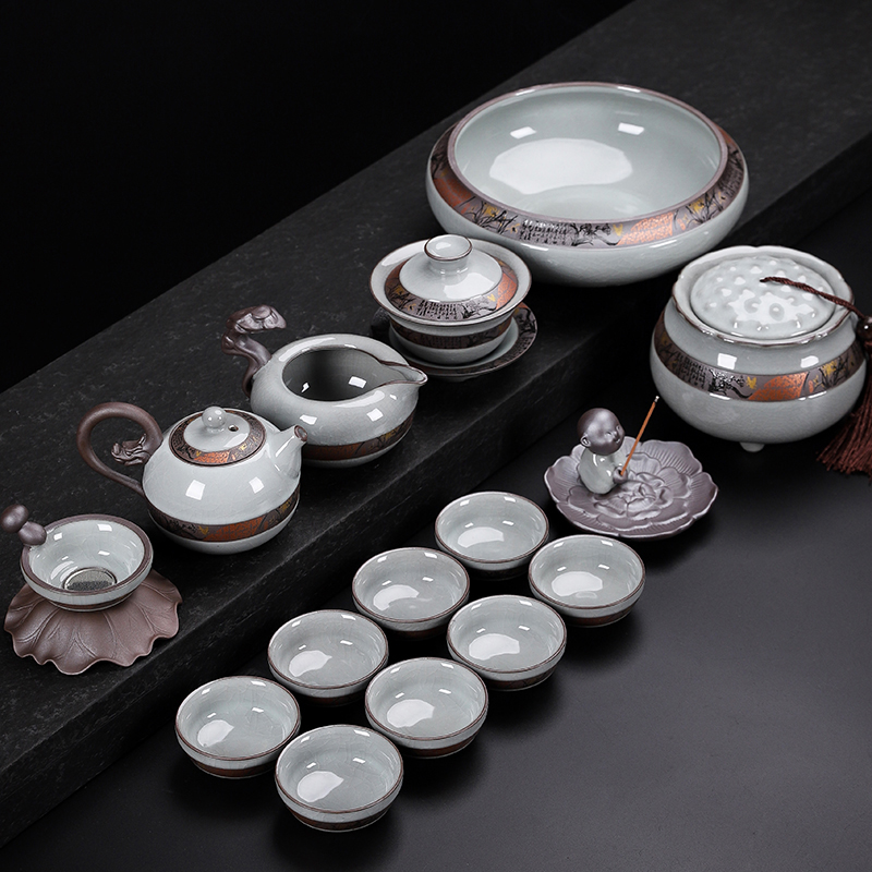 Zhiqi Tang Ge kiln Kung Fu tea set complete set of ceramic tea cups teapot office reception guests gift box