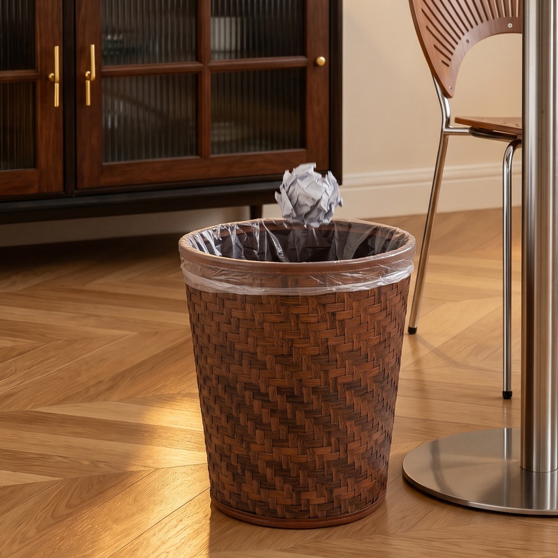 Vintage-Style Trash Can for Home Use, High Aesthetic Value for Living Room, Bedroom, Dormitory, Kitchen, Bathroom, Large Capacity, Rattan-Like Woven Trash Basket