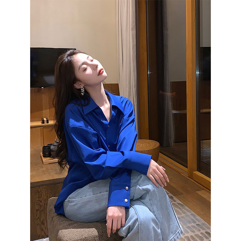 Blue Shirt for Women, Fashionable and Stylish Spring Wear, 2023 New Model, High-End Light Luxury Top, Acetate Satin Shirt