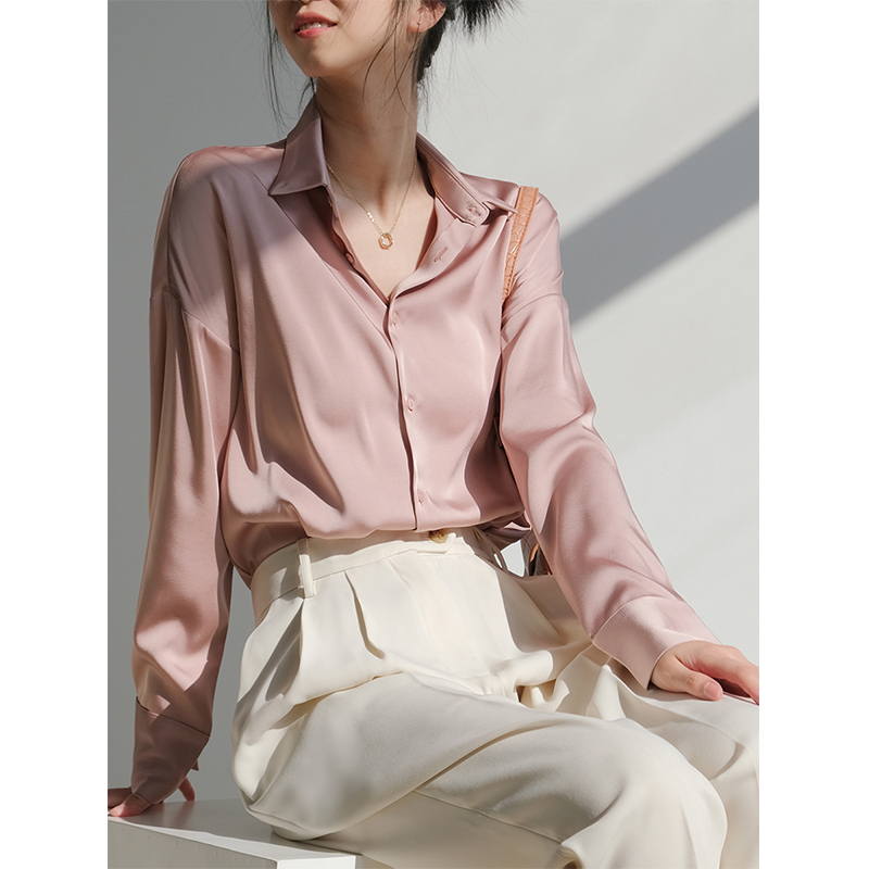 Pink Acetate Satin Shirt for Women, with a Unique Design, Niche Style, Loose and Lazy Style, High-End Feel, Light Luxury Shirt