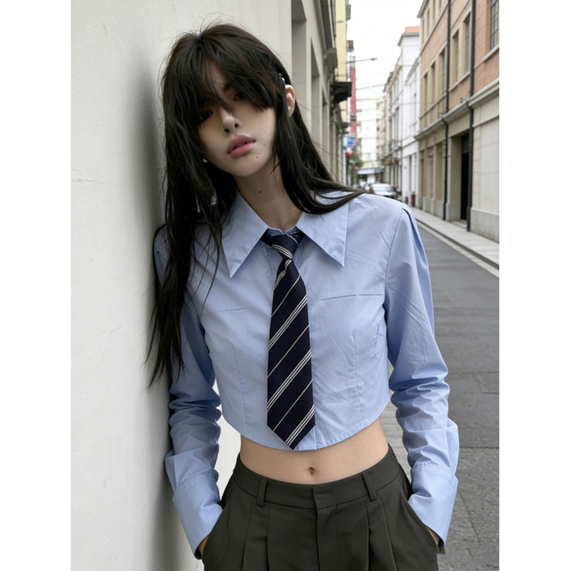 Blue Short Shirt for Women 2026 Spring New Design Niche Preppy Style Jk Uniform Tie Stylish Shirt