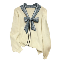Plus size womens spring and autumn new style bow V-neck long-sleeved knitted bottoming sweater sweater for fat mm slimming belly-covering top