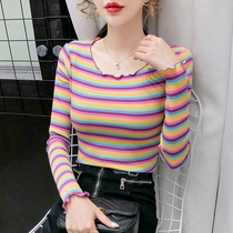 Color Striped Wooden Ear Long Sleeve T-shirt Women Autumn 2021 New Slim Joker Cotton base shirt Top