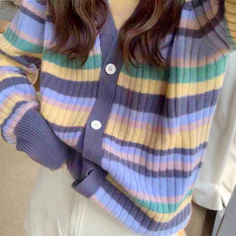 Early autumn new rainbow stripe soft waxy sweater knitted cardigan women's color loose lazy wind soft milk top jacket