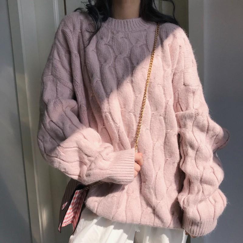 Lotus root pink thick thread twist pullover soft waxy sweater women's 2022 early autumn new style outer wear peach pink knitted sweater