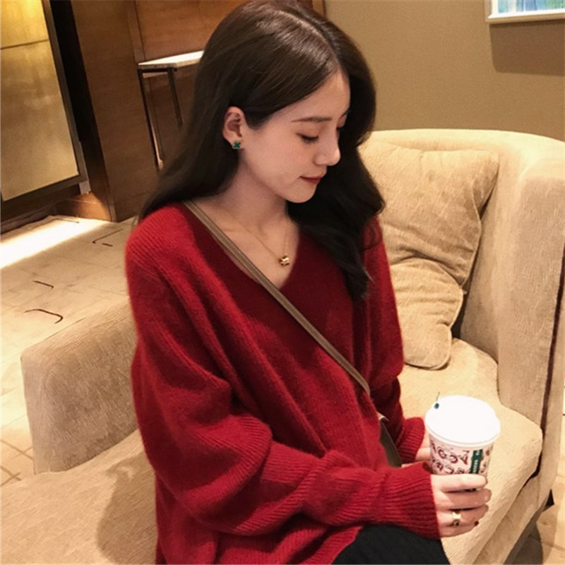 Cherry red top mid-length pullover sweater women's new year wine red furry imitation mink velvet bottoming