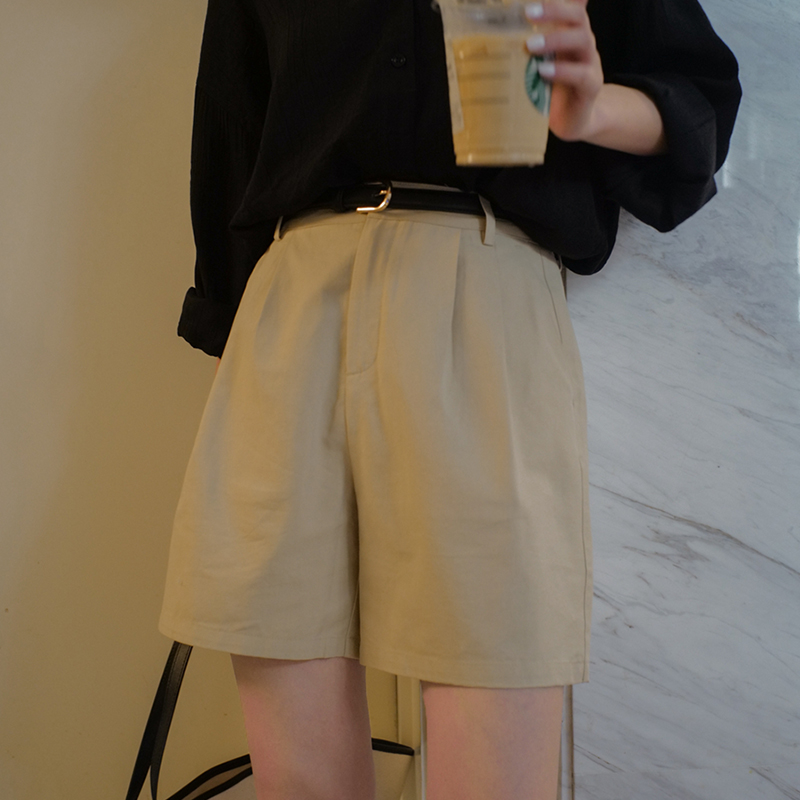 Khaki five-division trousers women's 2021 summer new coffee casual straight high waist wide leg shorts thin section