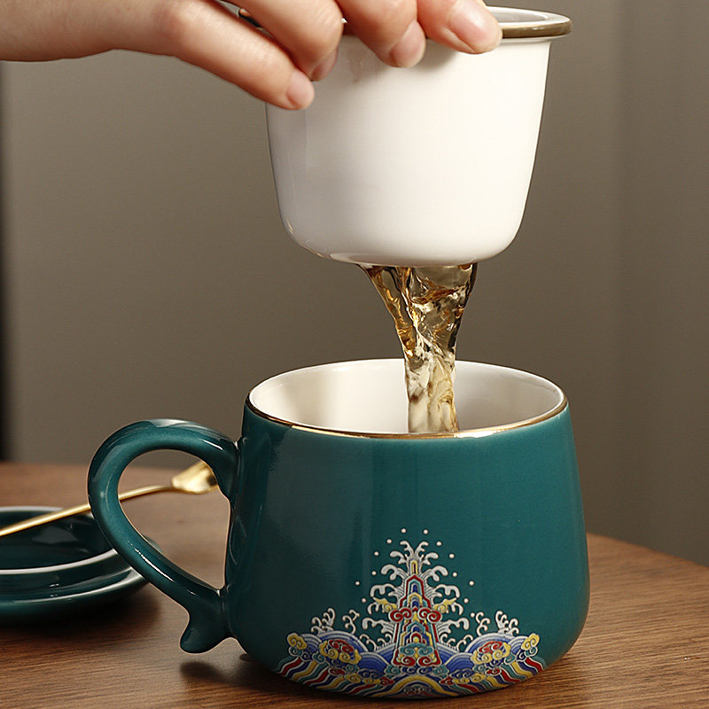 Coffee Bubble Tea Cup Ceramic Water Cup With Lid Business Office Cup With Filter Tea Water Separation Cup High Gear Gift Mug